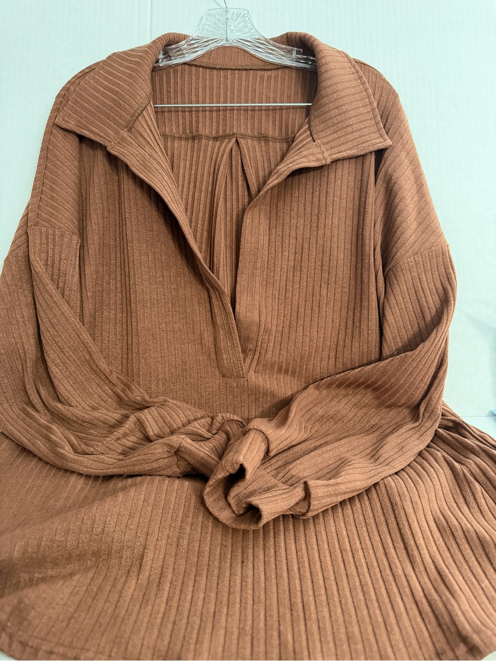 Fishes Ribbed V-Neck Collared Sweater in Brown
